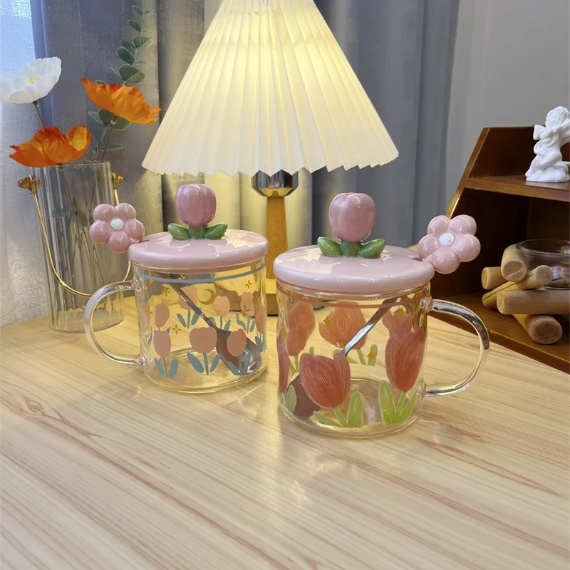 كوب زجاجي من Ins Sle مع غطاء وملعقة للنساء كوب الإفطار ذو قيمة جمالية عالية مقاومة للحرارة قرد مستدير مصنوع في الصين #2