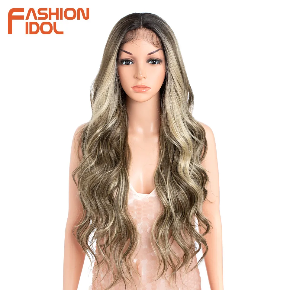 FASHION IDOL Lace Front Wig Synthetic Hair With Baby Hair Body Wave Wigs For Black Women 28 Inch Ombre Brown Lace Wig Cosplay