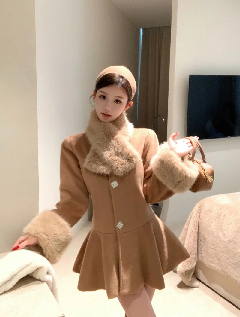 

Korean Fashion Autumn New Women Tops Coats Fur Collar Long Sleeve Single Breasted A Line Wool Blends Jackets Female Clothing