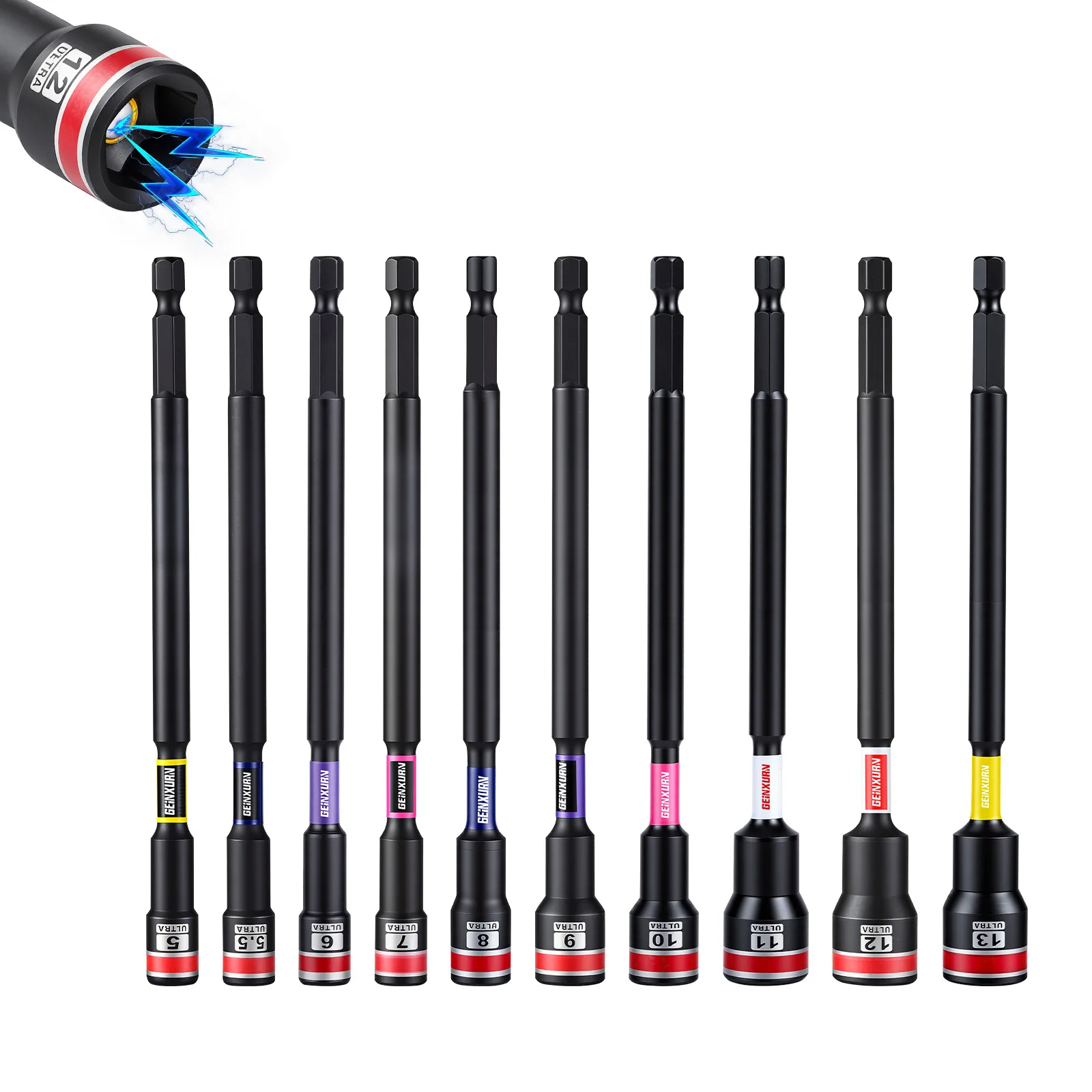 Geinxurn – jeu de tournevis à douilles de 2,6 po/6 po, code couleur, en acier S2 magnétique puissant, embouts hexagonaux de 1/4 pouces, adaptés aux perceuses-visseuses pour la réparation