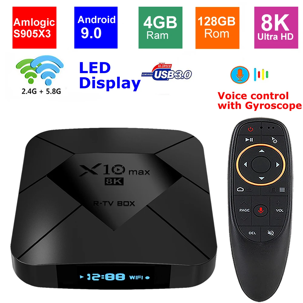 

X10 MAX 8K TV BOX Amlogic S905X3 4G RAM 128GB ROM Android 9.0 5G Dual WIFI USB 3.0 BT4.0 LED Display HDR H.265 8K Set Top Box