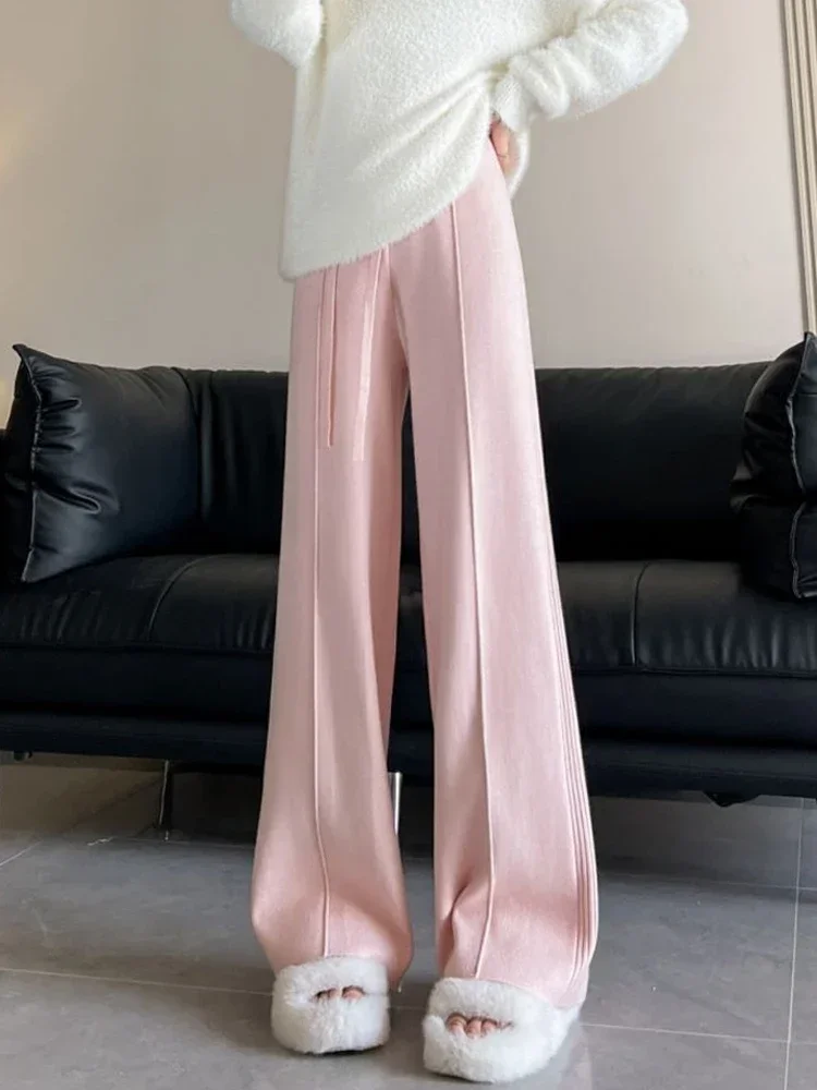 Knitted Lace-up High Waist Women Pants Simple Fashion Streetwear Straight Loose Casual Solid Color Female Wide Leg Pants