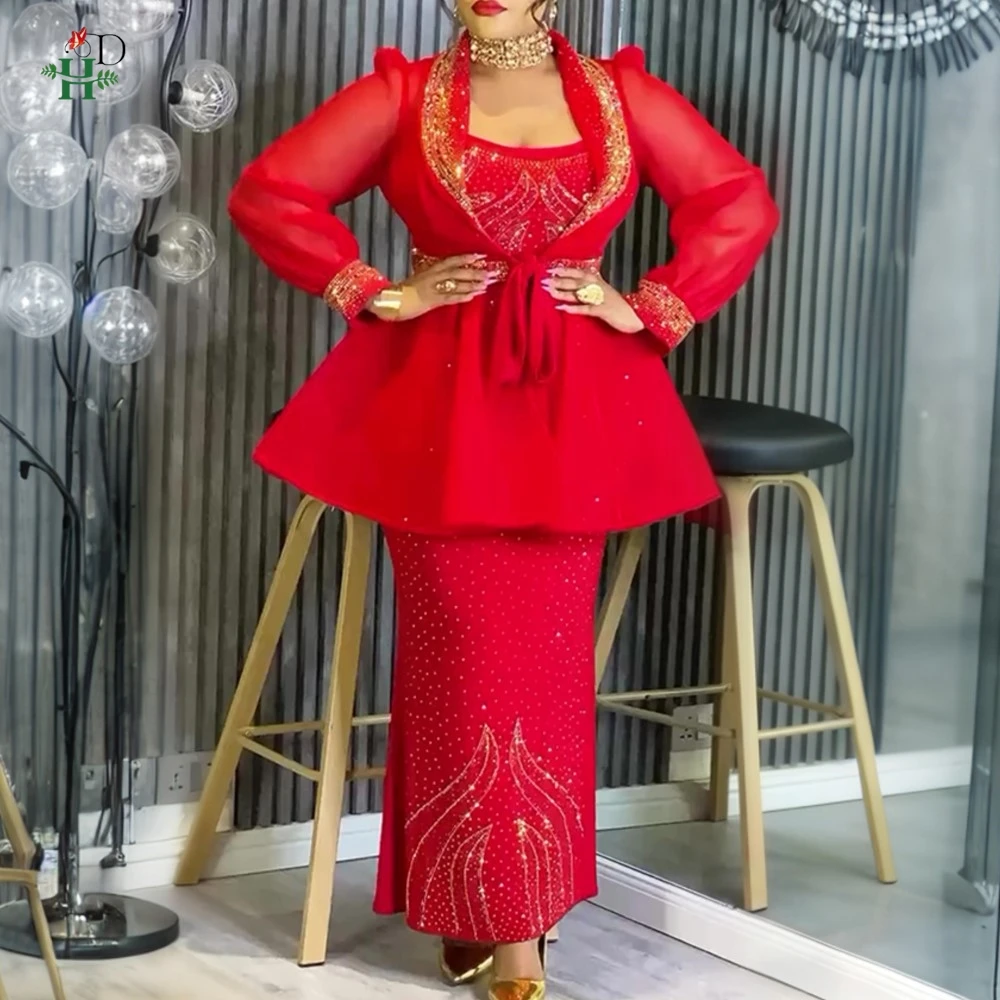 

2026 New 2PCS Set Dashiki African Clothes for Women Diamond Evening Gown Plus Size Turkey Wedding Party Long Dresses with Coat