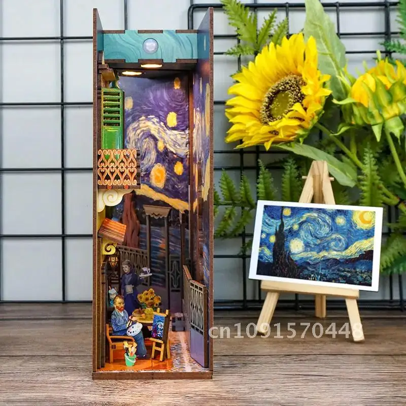 DIY Book Nook Insert Shelf Kits Wooden Miniature Building Kit Van Gogh's World Bookend Bookshelf Home Decoration Crafts Gifts