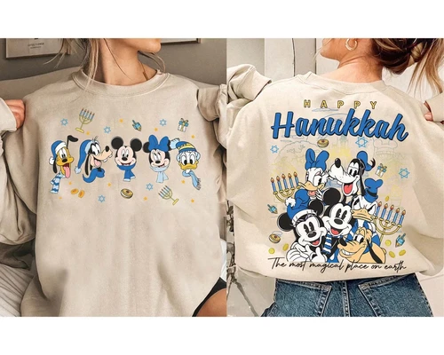Mickey y sus amigos feliz Hanukkah Disneyland familia Navidad Unisex suéter de cuello redondo jersey de algodón puro de moda
