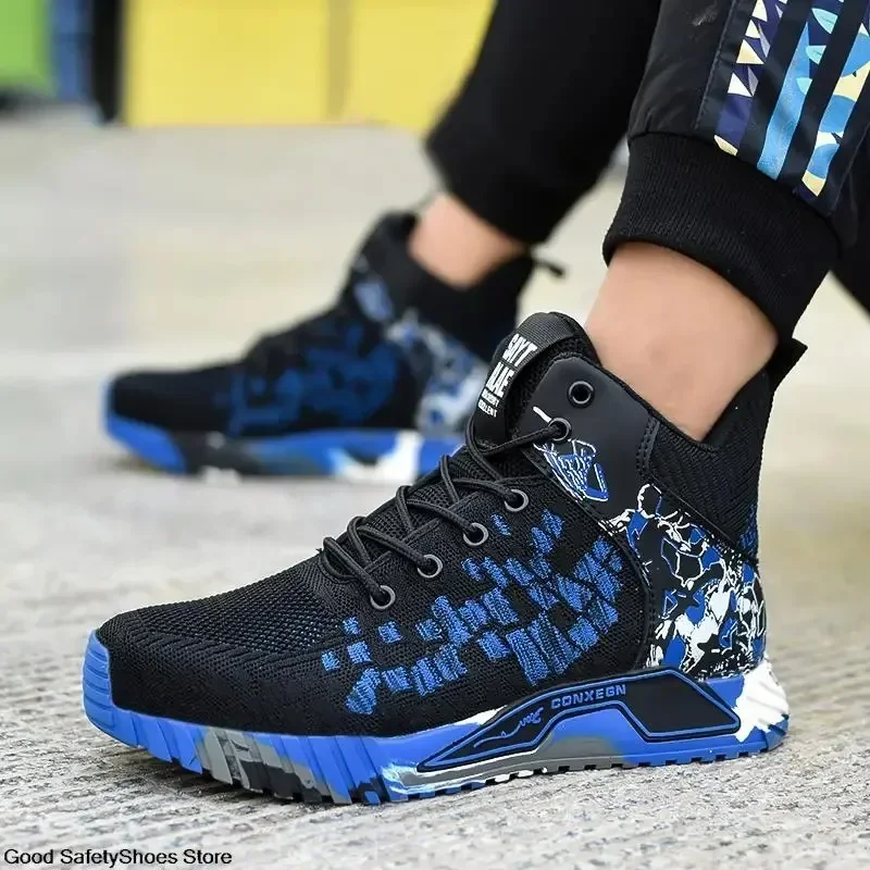 All Seasons Men's Safety Shoes Flying Woven Breathable Steel Toe Cap Impact Proof Puncture Mid Cut Sneakers Zapatos De Seguridad
