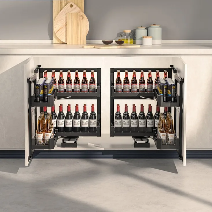 Kitchen floor cabinet linkage pull basket Open door seasoning basket Shelf Multifunctional storage Snack cabinet basket Large