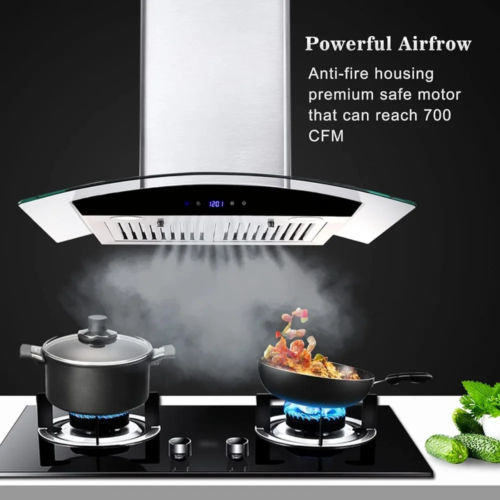 Wall Mount Kitchen Hood with Ducted/Ductless Convertible Duct, Stainless Steel Chimney and Baffle Filters, Touch Control Fan