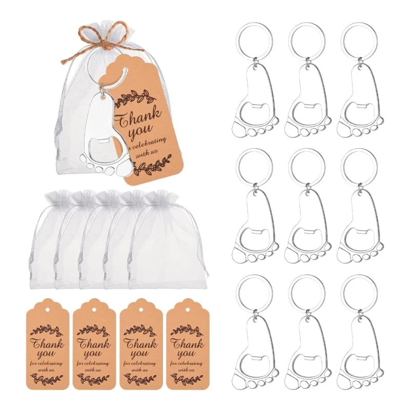 

10 Pcs Baby Footprint Bottle Opener Keychain with Organza Bags and Thank Tags Party Souvenir Gifts for Guest