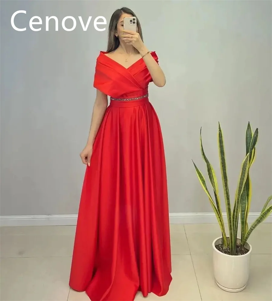 

Cenove Red Off The Shouder Prom Dress Short Sleeves With Floor Length Evening Summer Elegant Party Dress For Women2023