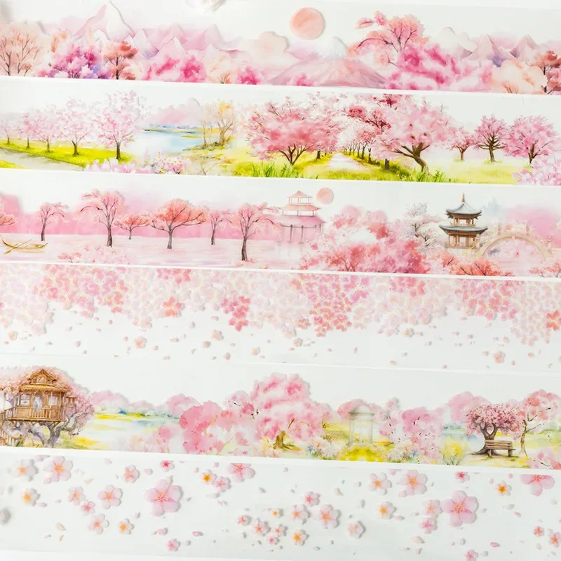 1Roll 2M PET Tape Cherry blossom season landscape handbook material collage European Adhesives stickers Scrapbook cut 50mm*2m