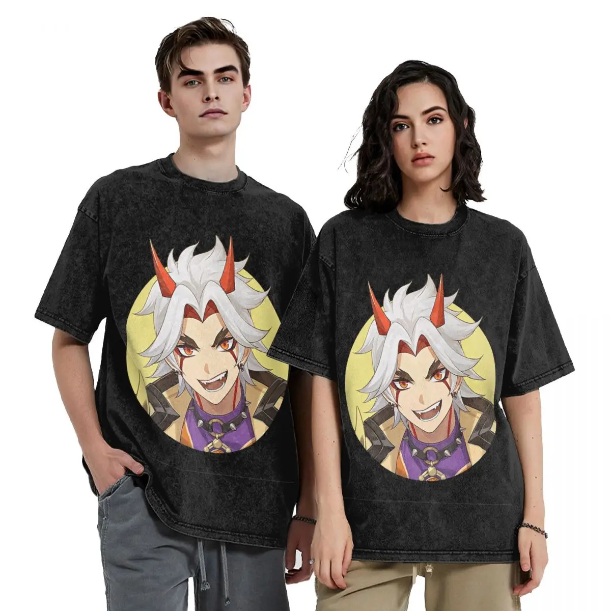Genshin Impact Arataki Itto Washed T Shirts Cotton Short Sleeve Hip Hop T-Shirt Streetwear Tops Tees for Men Women