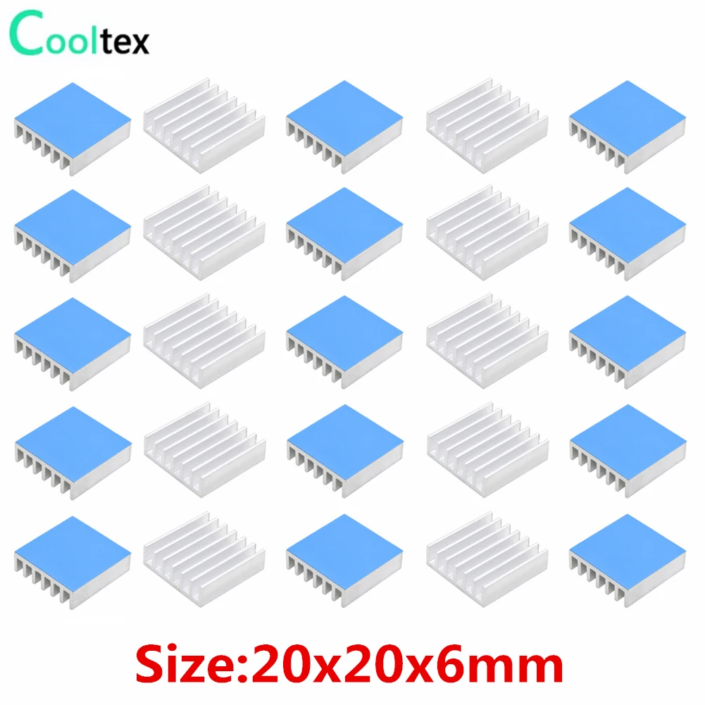 

20pcs 20x20x6mm Aluminum Heatsink Radiator Cooling Cooler for Electronic Chip IC MOS Diode Triode With Thermal Conductive Tape