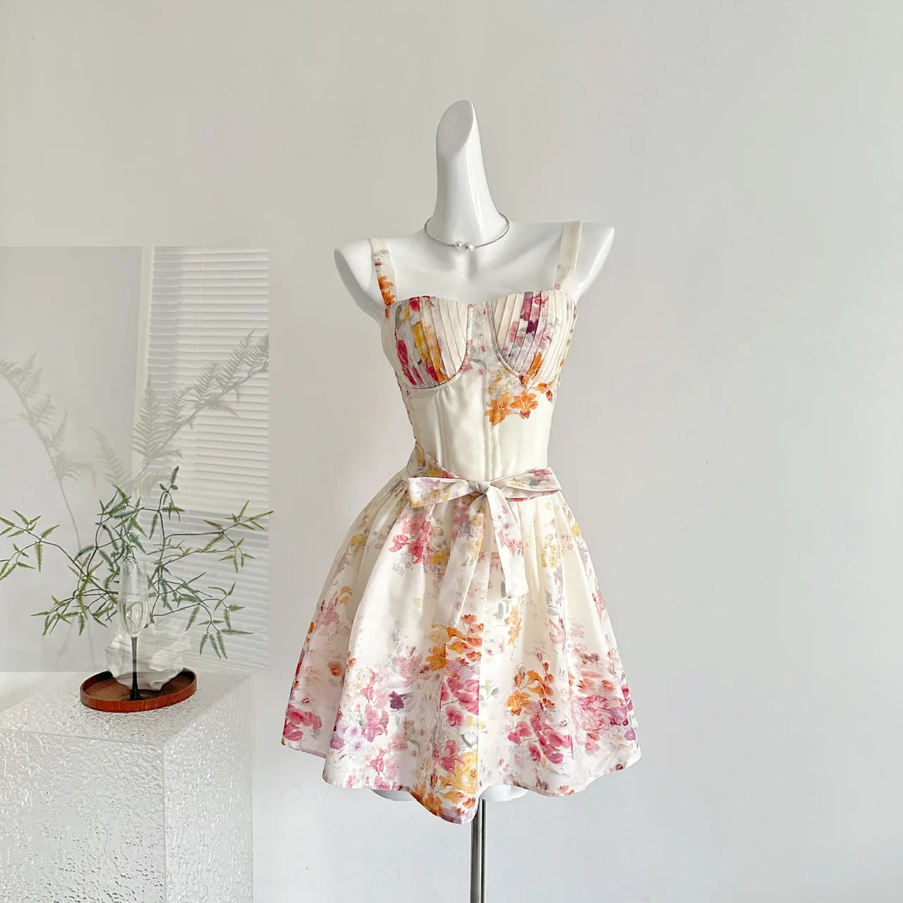 

Hand-pleated herringbone floral skirt