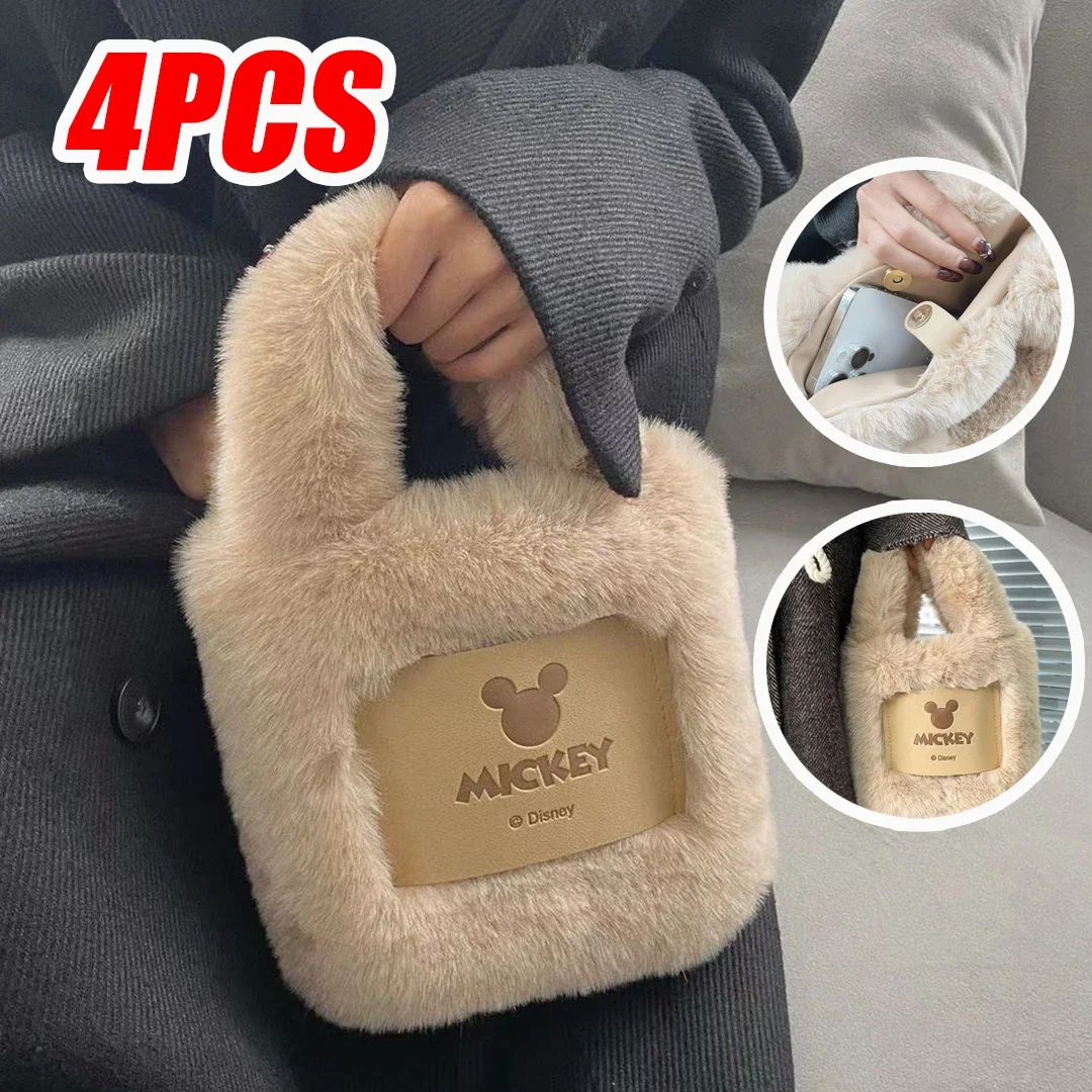 4PCS Mic Key Plush Bag Female Fall and Winter Small Plush Bucket Bag Versatile Wool Handbag Premium Texture Crossbody Bag