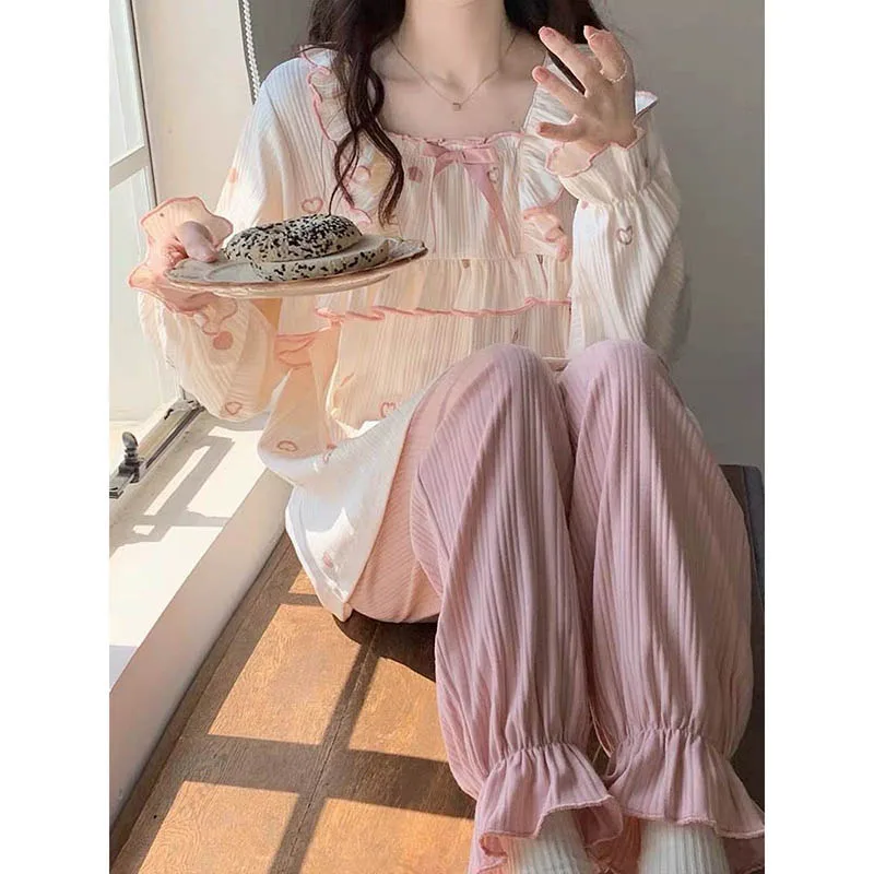 Heart Sleepwear Women Square Collar Pajama Sets Pants Sets 2 Pieces Piiama Korean Style Full Sleeve Home Suit Spring Night Wears