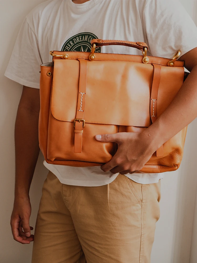 

Business designers handmade genuine leather men's briefcases fashion casual work high quality cow leather laptop handbag
