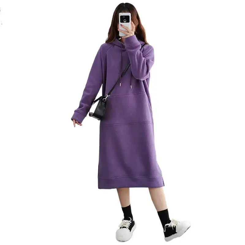 Gaya Korea Wanita Musim Dingin Musim Gugur Sweatshirt Gaun Menebal Hangat Kebesaran Kasual Longgar Berkerudung Gaun Solid Vestidos Lurus