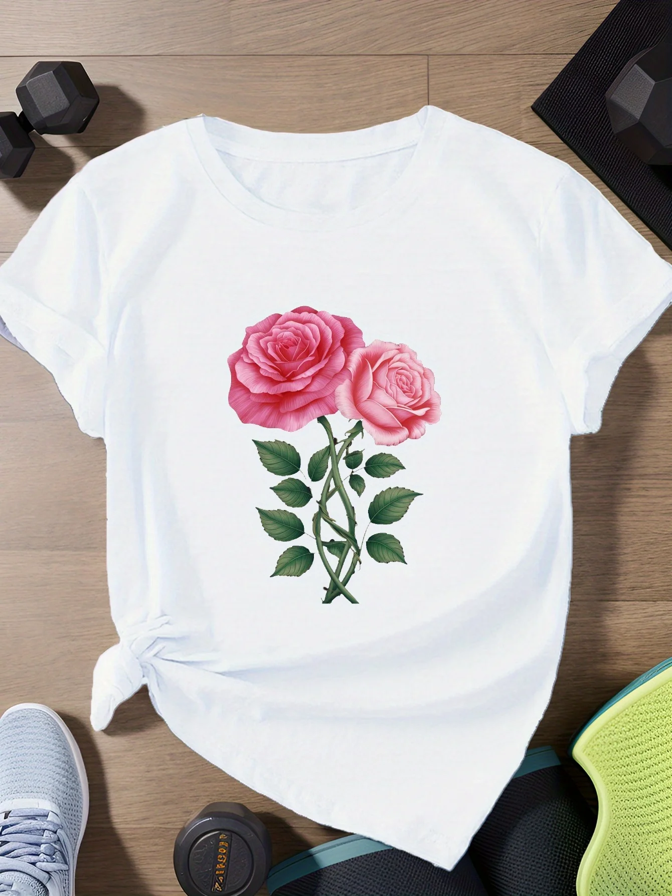 Women Tshirt Leaves Elegant Pink Roses Printed Women's Short Sleeve Round Neck T-Shirt Casual Women Summer Clothing