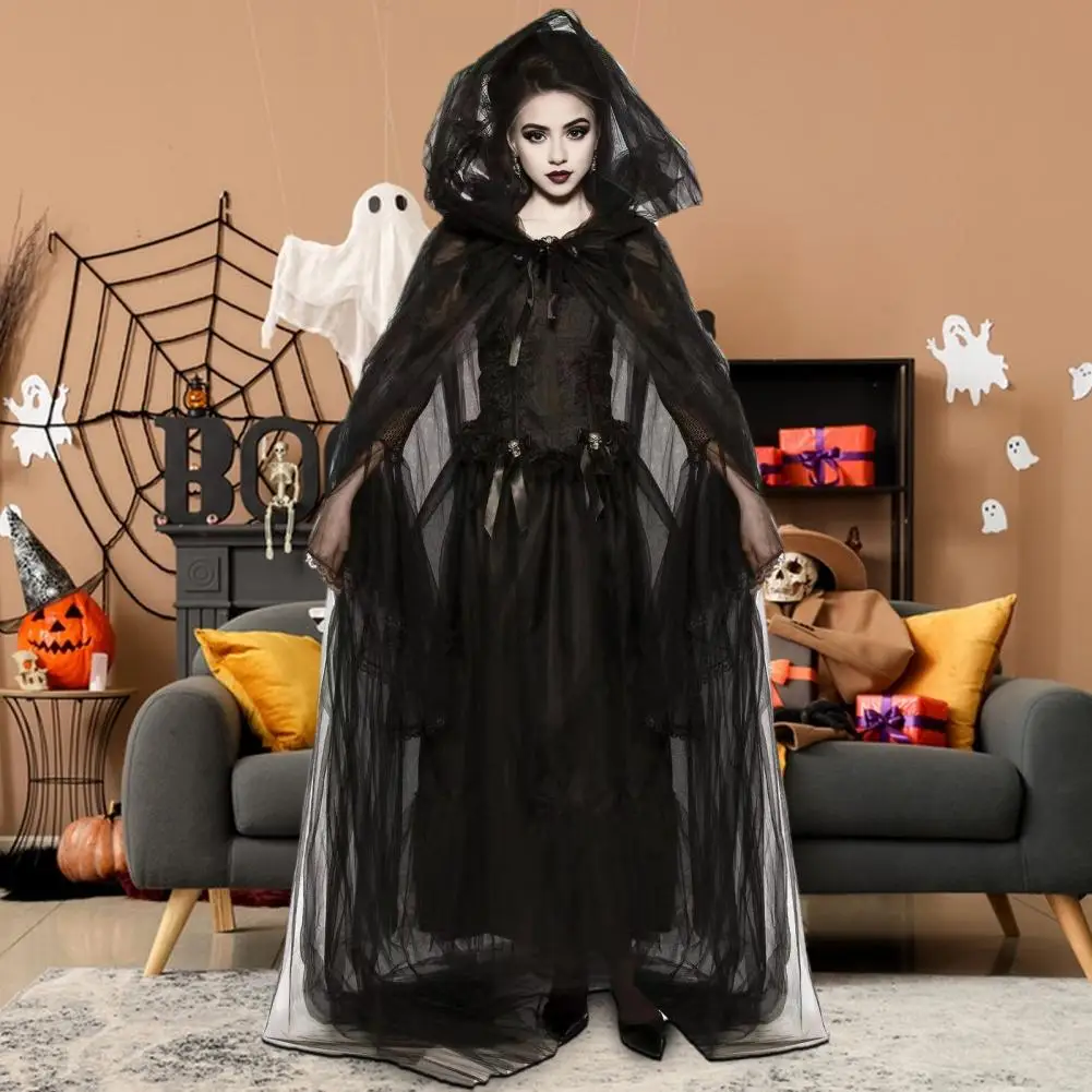 

Halloween Dress Women's Halloween Cosplay Costume Set with Mesh Hooded Cloak Lace Gloves Dark Witch Role-playing for Performance