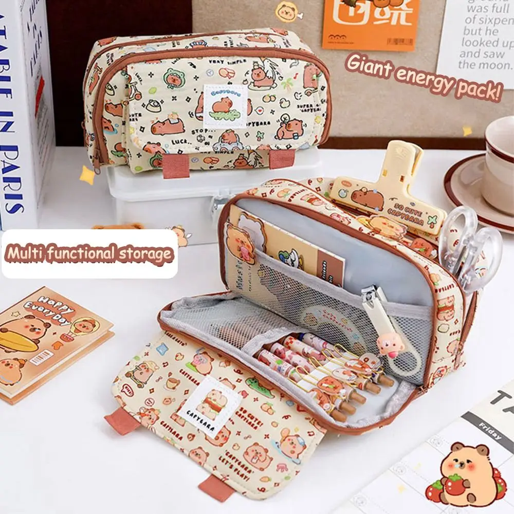 Cartoon Print Capybara Pencil Case Large Capacity Flip Over Stationery Storage Pouch Four-layer for Office School Supplies