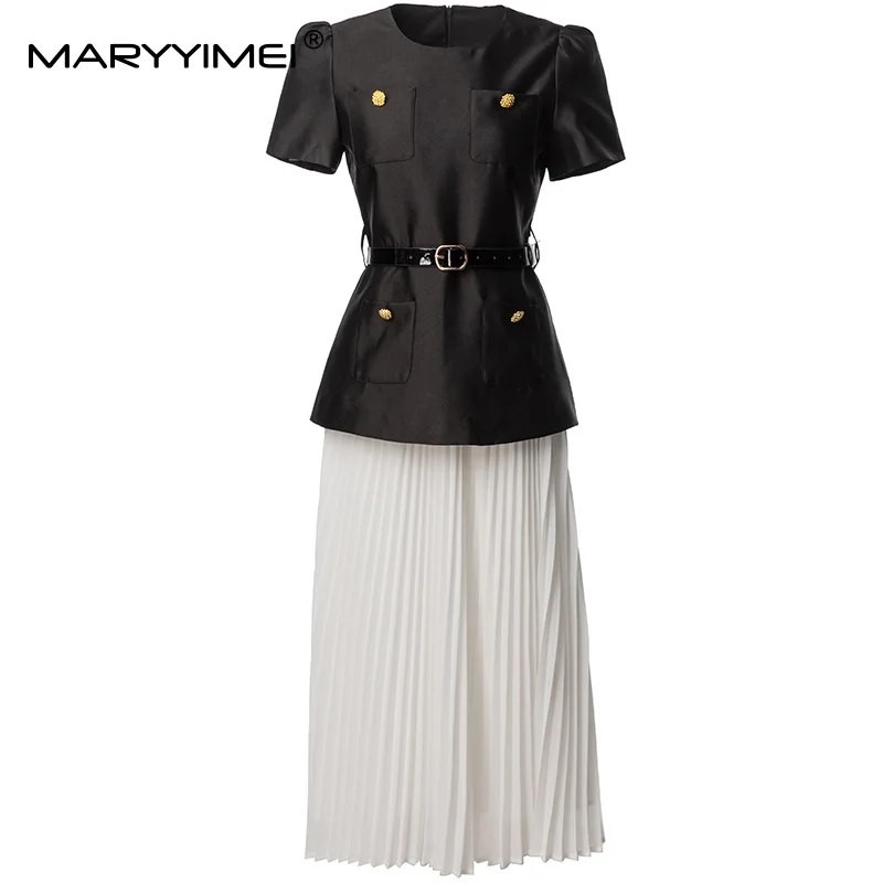 

MARYYIMEI Fashion New Women Suit Short Sleeve Button Sashes Tops+Loose Pleated Skirt Two-piece set Spring Summer 2025 New