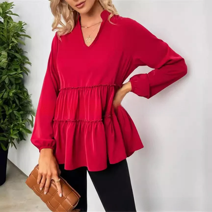 エレ レディース プリーツ フリル裾 イルト ルーズフィット ロングスリーブ ポリエステル繊維 変形しない レギュラー 薄手 秋シーズン