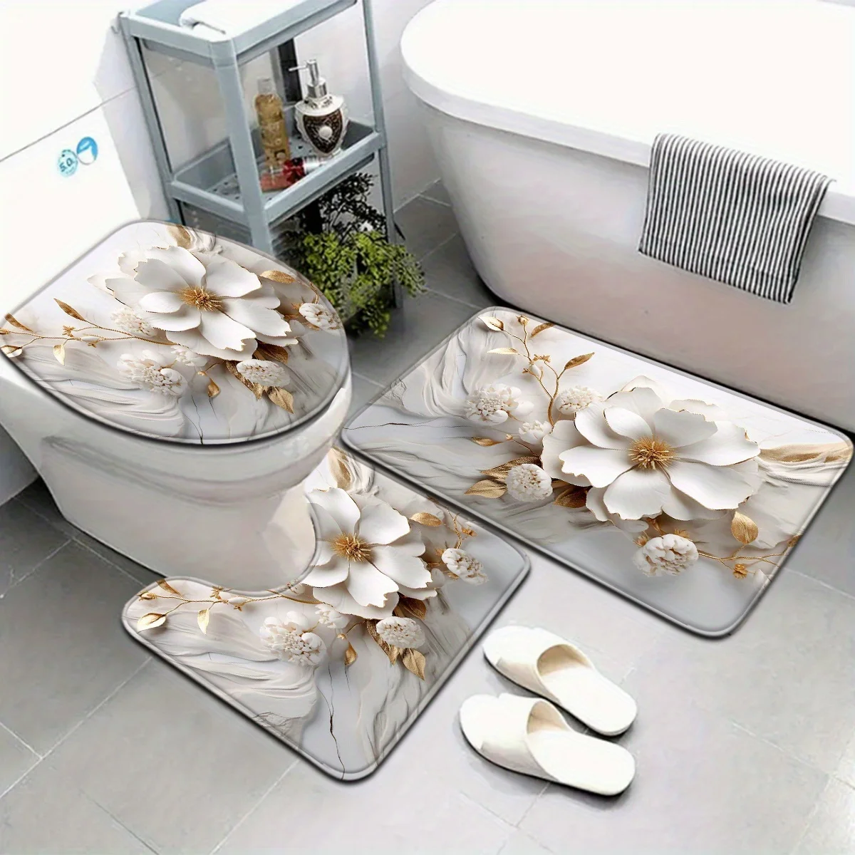 

Открытая серия 3PCS2D Print Золотые ветки и листья Белый цветочный узор Набор ковриков для ванной комнаты Кольцо на сиденье для унитаза U-образная подставка для ног