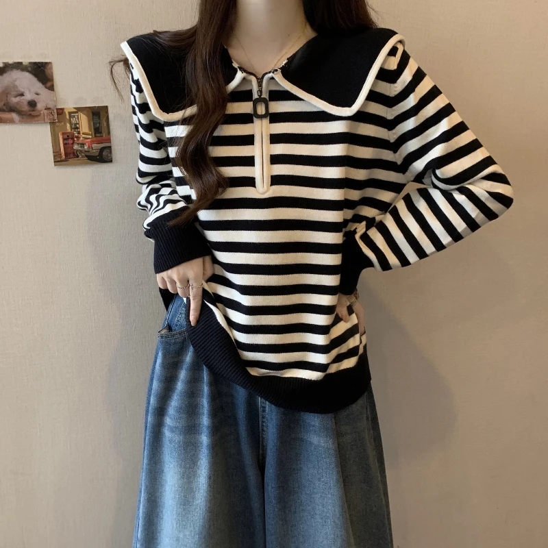 

Striped Pullover Sweater For Women Casual Style Loose Fit With Peter Pan Collar And Zipper Decoration