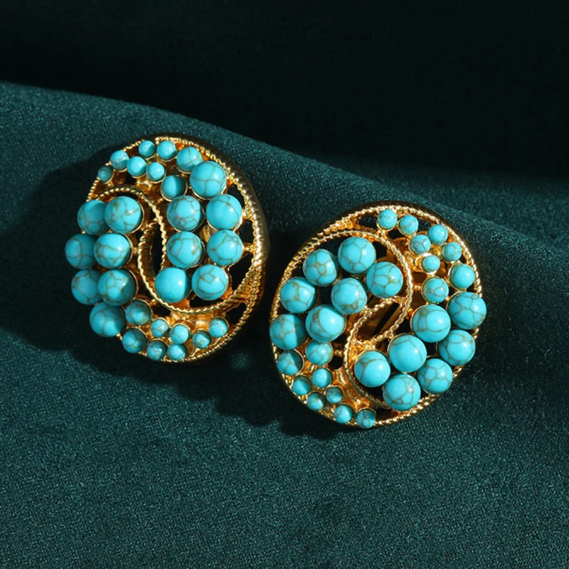 

Vintage Turquoise Jewelry Earrings Stud Blue Natural Stone Round For Girls Woman Luxury High Quality Designer 2025 Trend New In