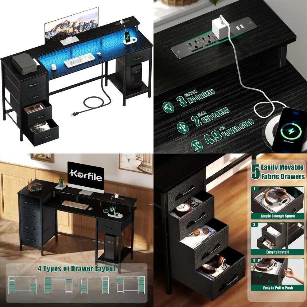 

55 Large Gaming Desk with USB Ports, LED Lighting, Reversible Office Desk with Adjustable Drawers for Work & Gaming