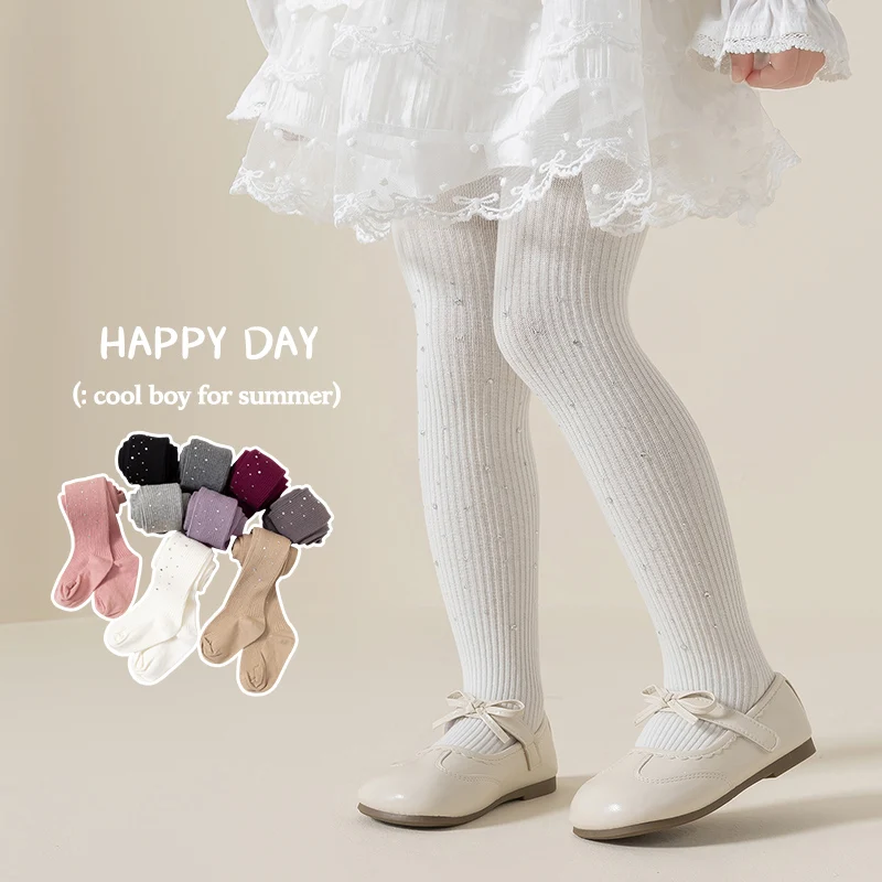 Sweet Little Girls Sparkling Rhinestone Starry Sky Vertical Striped Tights Elastic Anti‑Pilling Comfort Stretchy Daily Pantyhose