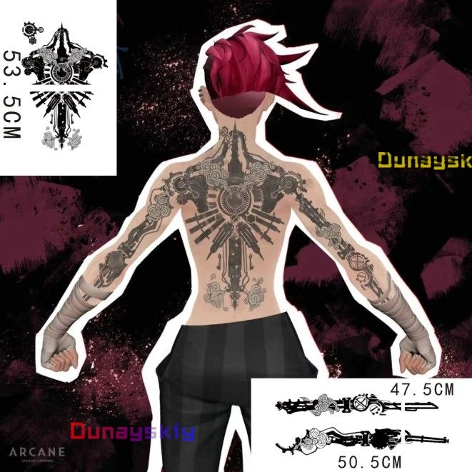 Juego LoL Arcane 2 Vi disfraz de Cosplay tatuaje Dorsal pegatina 47-53CM tatuajes impermeables Arcane VI calcomanías de juego de rol accesorio