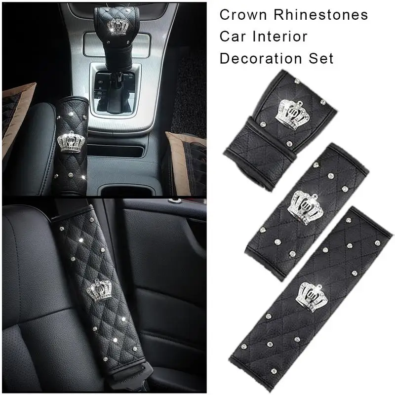 Universal Brake Shift Knob Cover Car Seat Gear Case Car Interior Decor Cover Set Rhinestones Leather Belt Sheath For All Cars