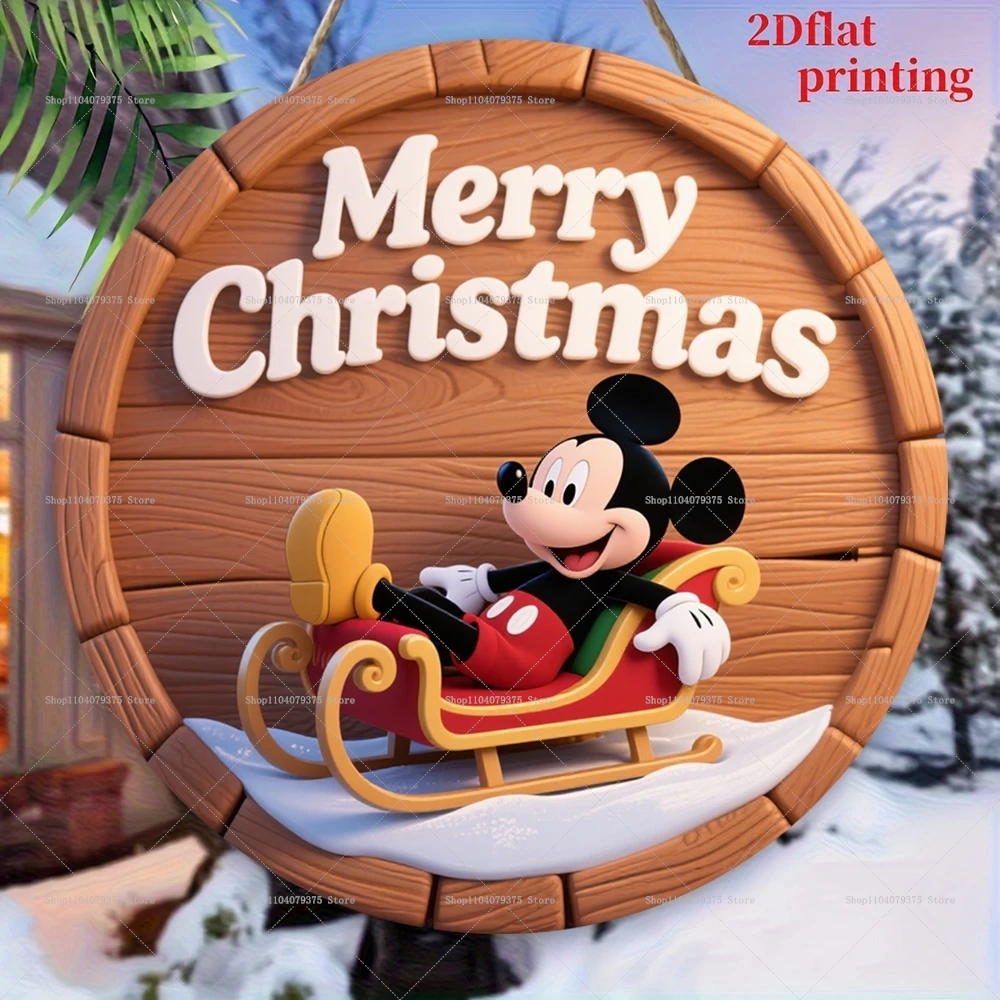 عيد ميلاد سعيد ديزني ميكي شعار شخصية مستديرة خشبية معلقة علامة الباب الأمامي جدار عطلة حزب الاحتفال الديكور