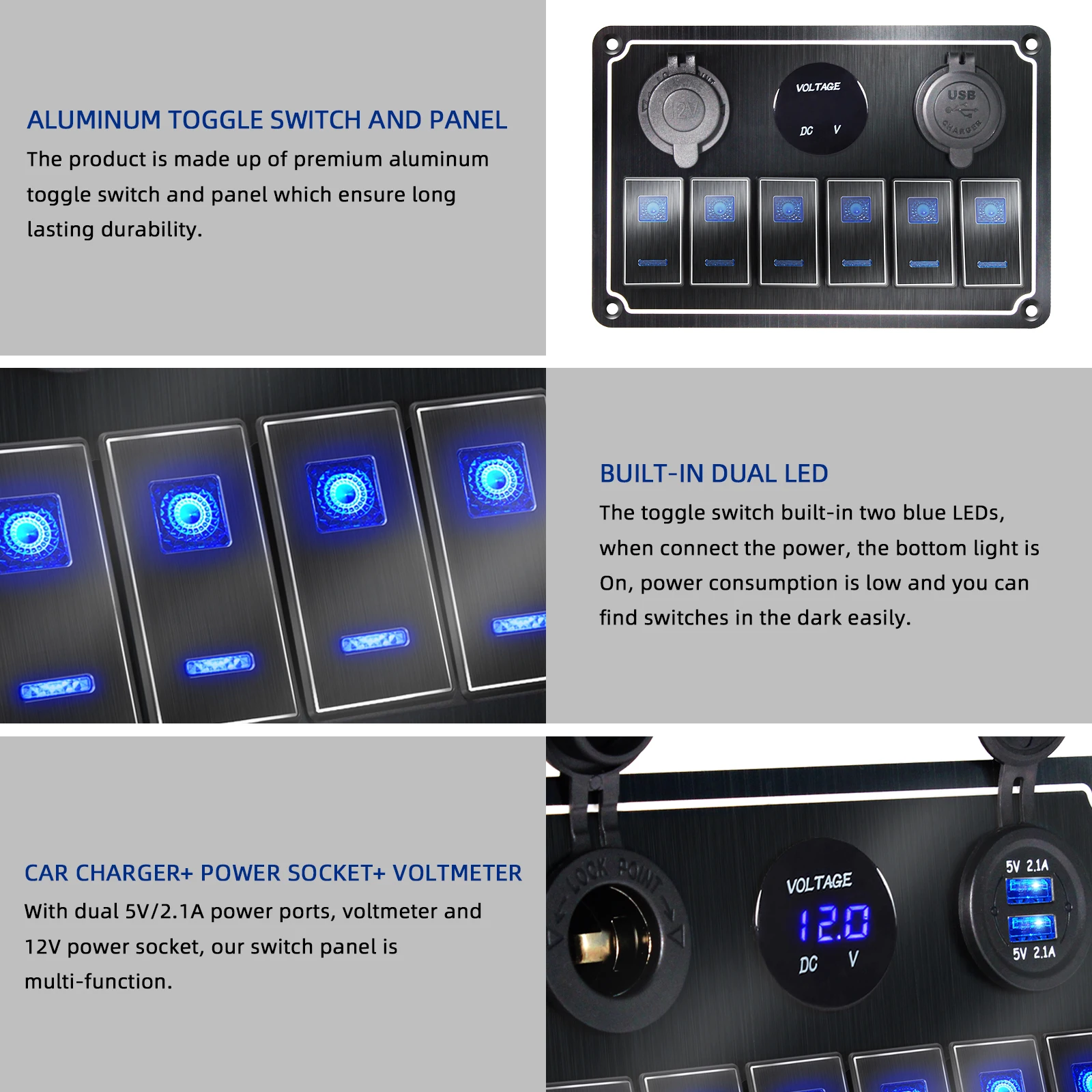 Digital Display Super Metal   4-8 Gang ON Off Switch for Boat Car Marine ATV UTV with Blue LED USB  Rocker Switch Panel