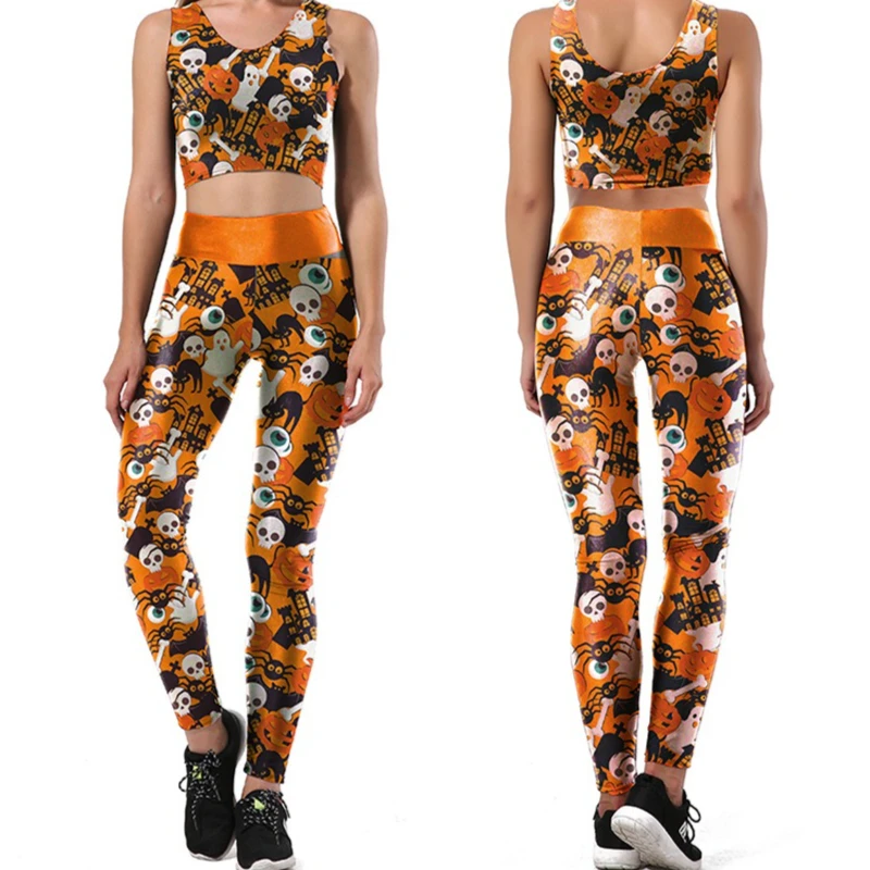 Womens Halloween Skeleton Ghost Pumpkin Haunted House Print Sleeveless Crop Top High Waist Leggings Outfit Party Costume