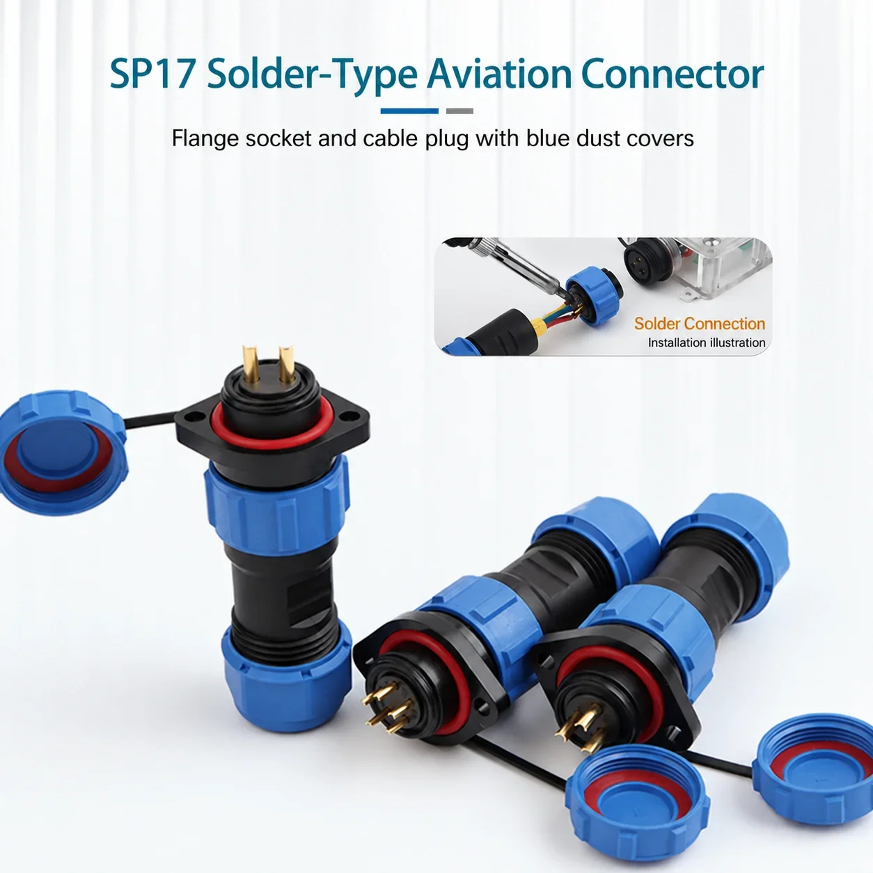 SP17 2 3 4 5 7 9 Pin Aviation Connector Male Plug Female Flange Socket Solder Type with Blue Dust Cap for 6-10mm Cable 1 Set