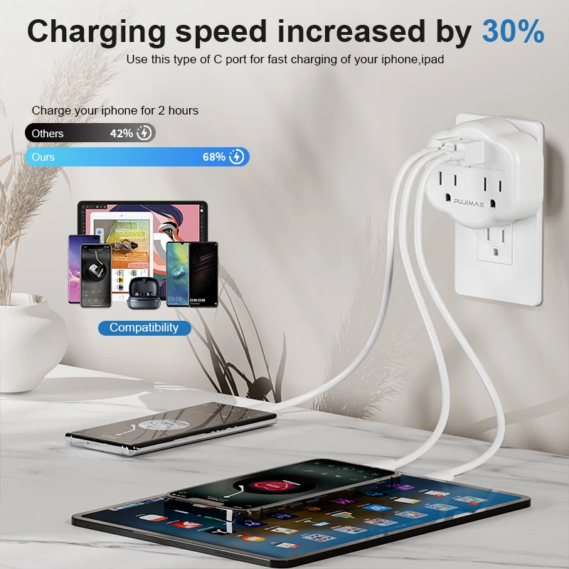 PUJIMAX Multi Plug Outlet Extender With USB, Electrical Wall Outlet Splitter with 3 USB Ports and 2 Outlet, For Travel,Office