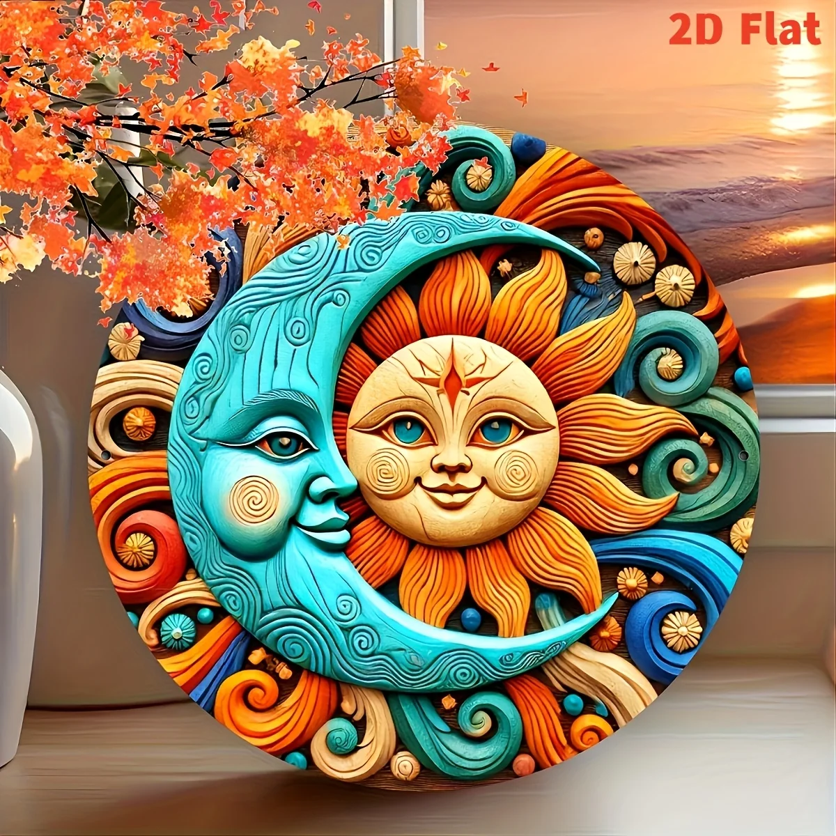 2D Flat, 1pc Sun And Moon Iron Wall Art, 8x8inch Round Metal Signboard, Painted Garland Decor, No Electricity Needed, Featherles