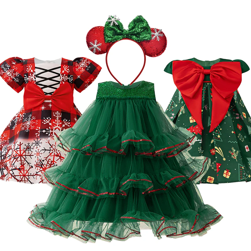 Elegant Baby Girl Christmas Dress Christmas Tree Style Cake Tiered Fluffy Tulle Toddler Ball Gowns 1 2 3 4 Years Newborn Clothes