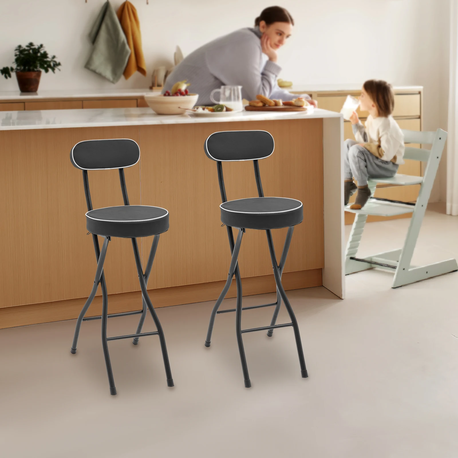 

Set of 2 Foldable High Chairs, 275lbs Capacity PU Cushion Bar Stools for Dining Camping, No Assembly Needed Black