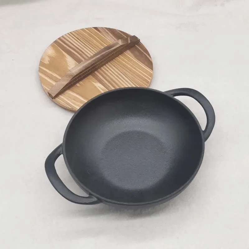 19cm Cast Iron Flat Bottom Stew Pot, Frying Pan with Wood Cover