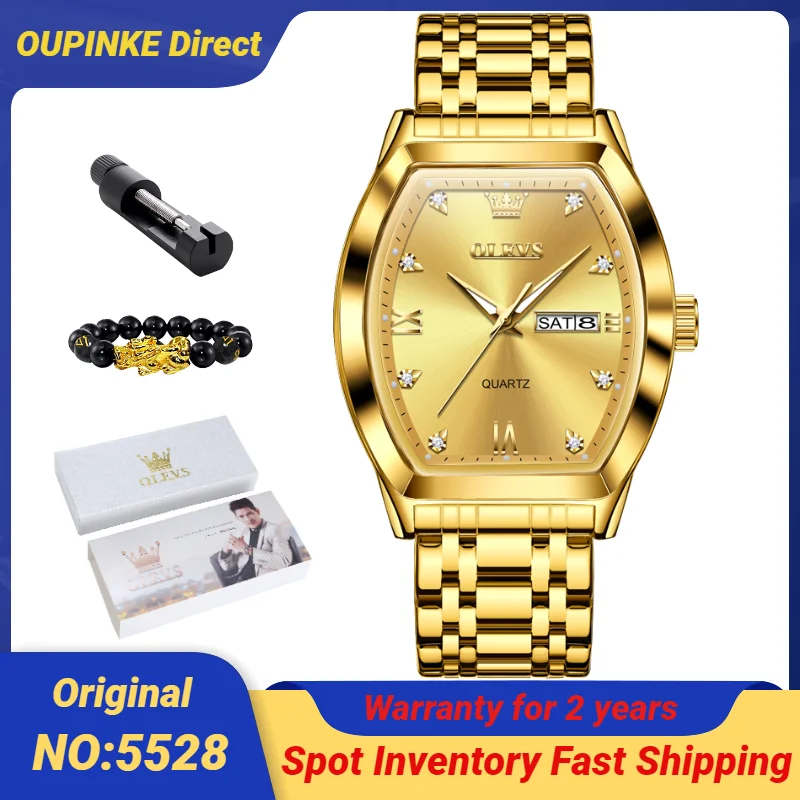 

OLEVS 5528 Original Men's Watches Tonneau Dial Gold Watch Dual Calendar Display Diamond Scale Luxury Brand Quartz Watch for Men