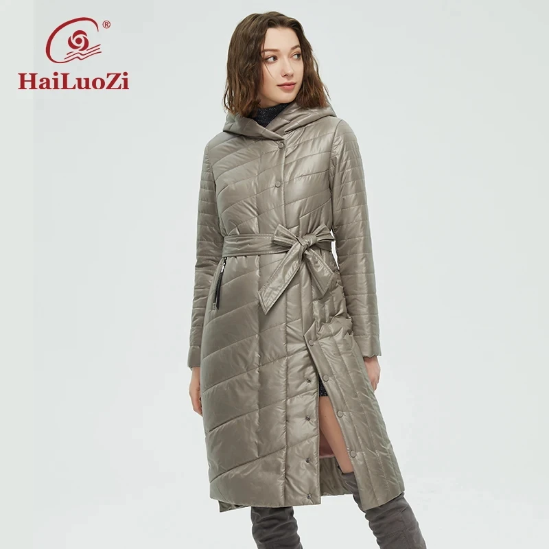 HaiLuoZi-Chaqueta larga hasta la rodilla para mujer, abrigo con cinturón, dobladillo Irregular, diseño abierto, Parka informal con capucha 73,