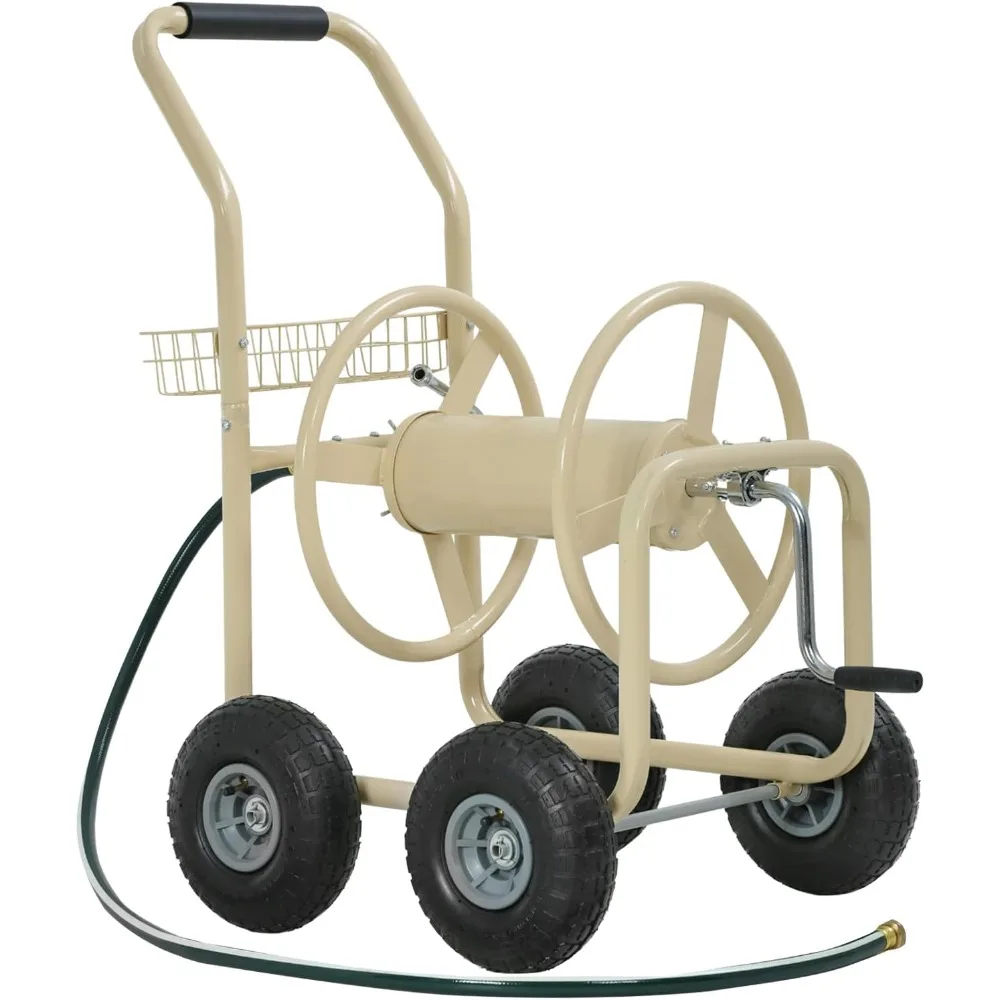 

Garden Hose Reel Cart with Wheels Storage Basket 300ft Hose Capacity Heavy Duty Steel Yard Lawn