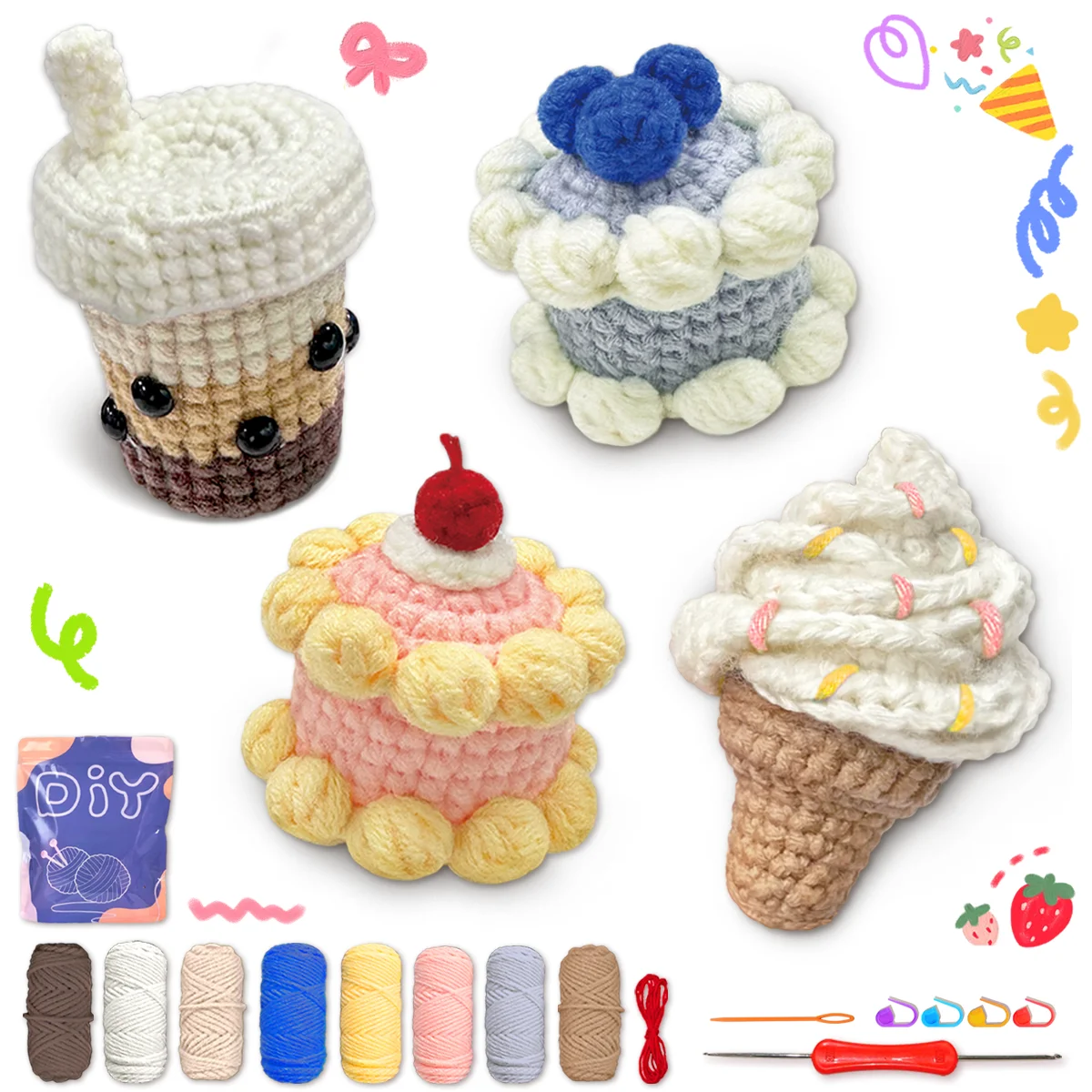 Cakes, Milk Tea Cup, Ice Cream, Perfect for Beginners, Includes Step-by-Step Video Tutorial, Cute Woven Craft for Delicious Food