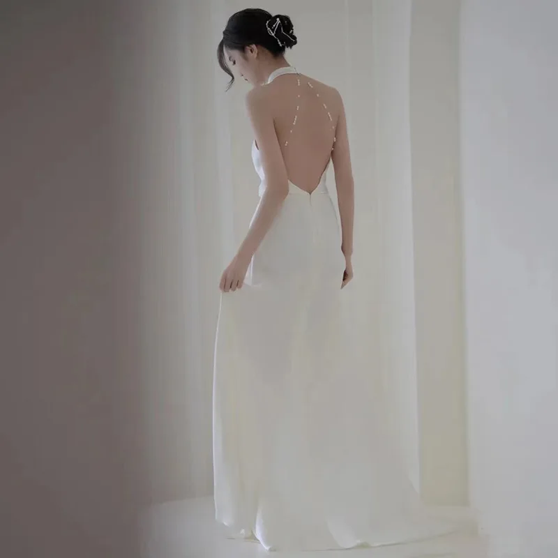 PJN 2025 NEW White Pearl Halter Backless Mermaid Wedding Dress for Bride Snapshot Dresses Women Formal Long Evening Party Dress