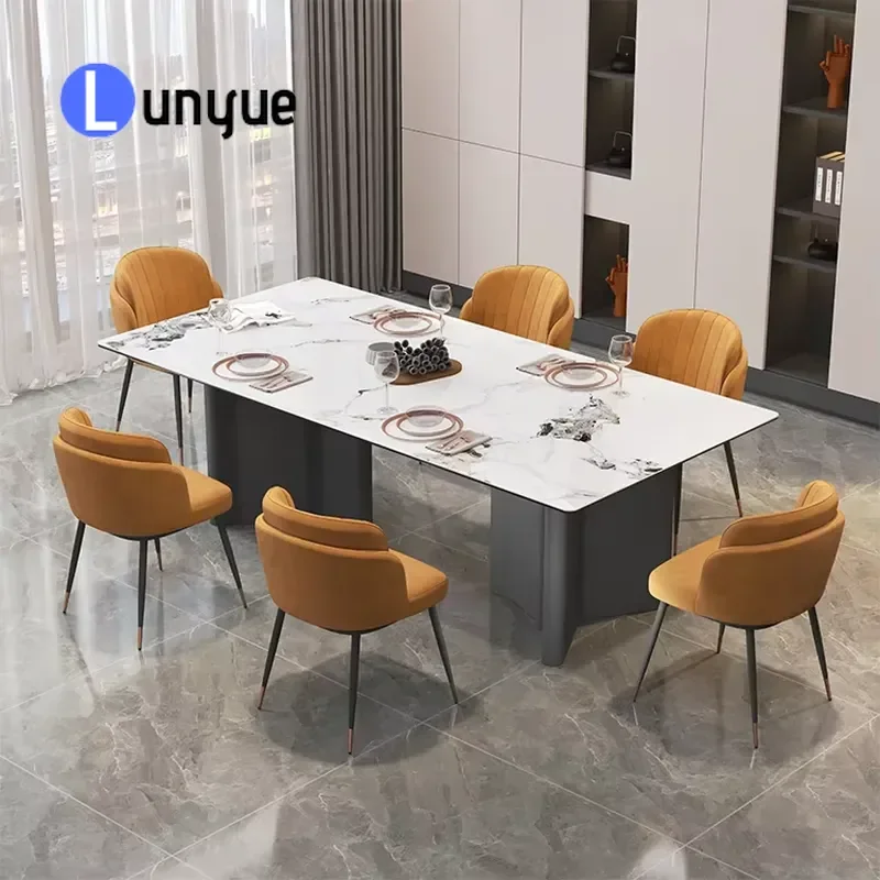Waterproof Sintered Stone Rectangular Dining Table Italian Modern Design Metal Legs 8 Person Large Kitchen Furniture Durable
