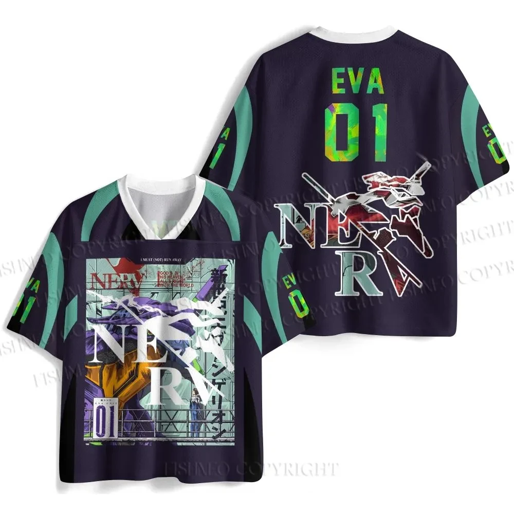 Anime Neon Genesis Evangelion Rei Ayanami Print Mesh Jersey T-shirt Men Oversized Streetwear V-Neck Casual Short Sleeve Tops
